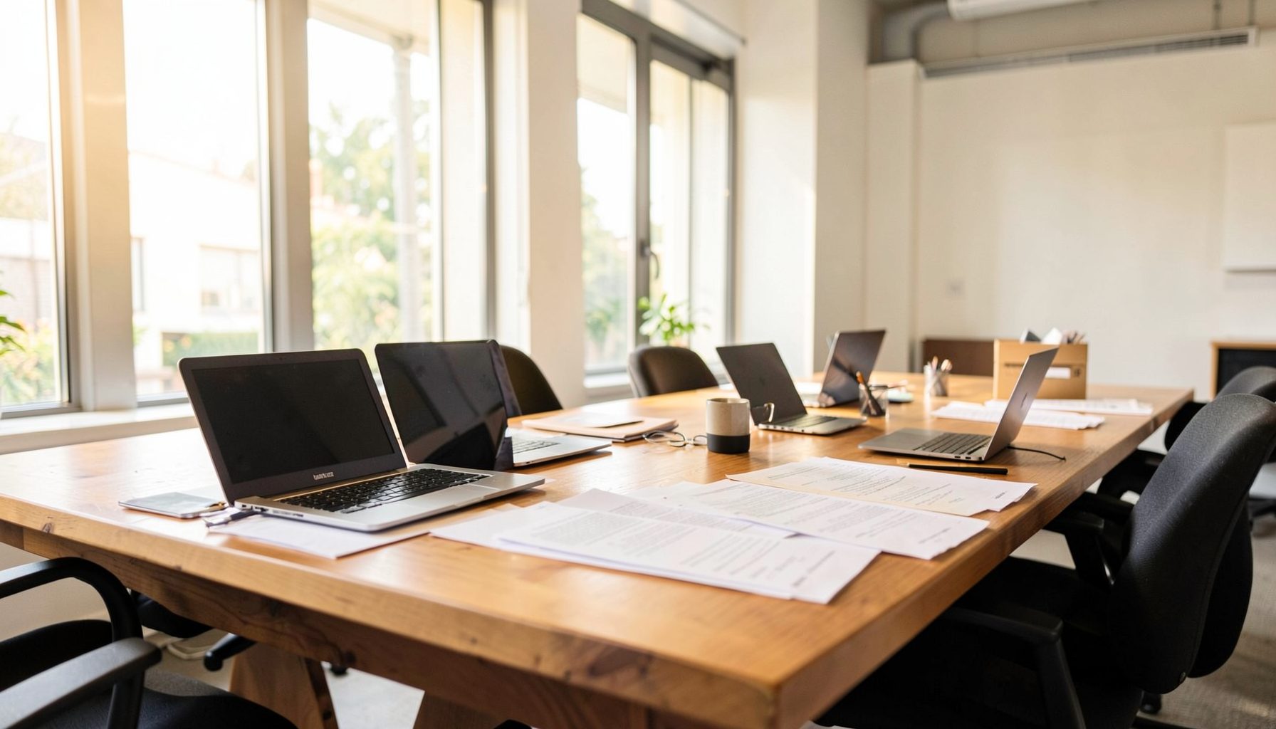 A bright collaborative workspace with a large wooden table, open laptops, and papers spread out, warm natural light from tall windows