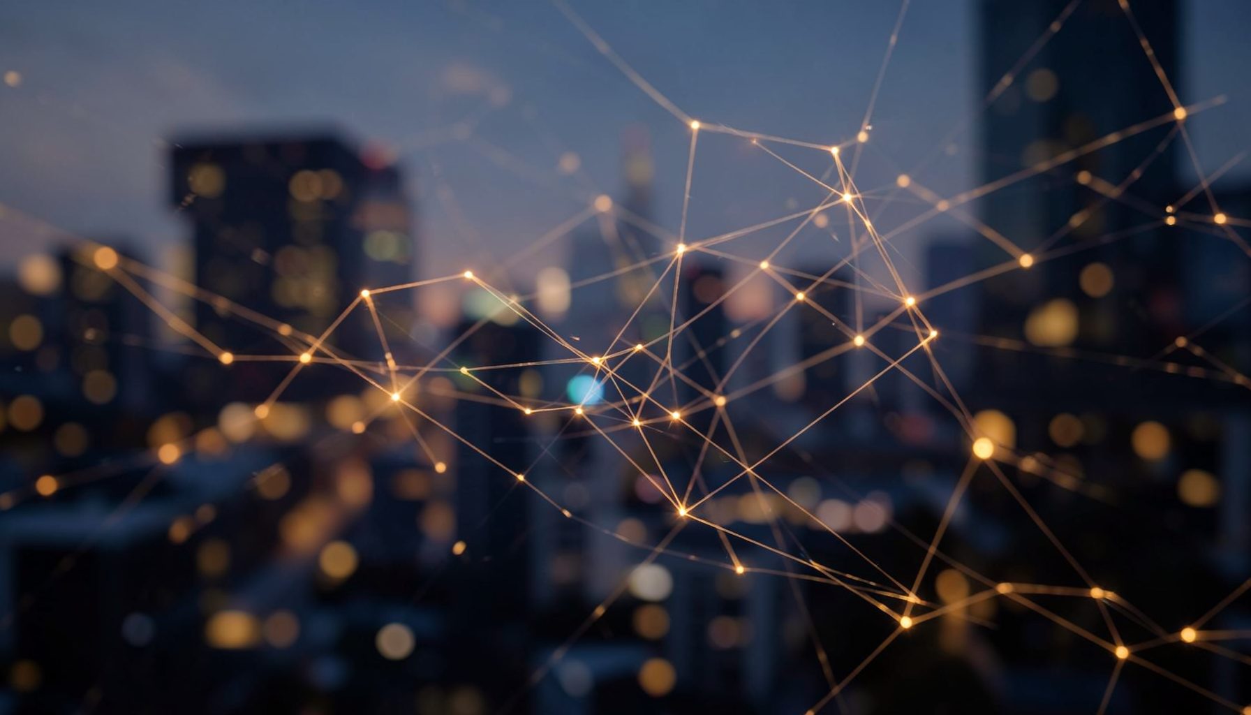 Abstract blurred cityscape with glowing digital network connections in warm amber and deep navy tones, conveying public sector technology and innovation