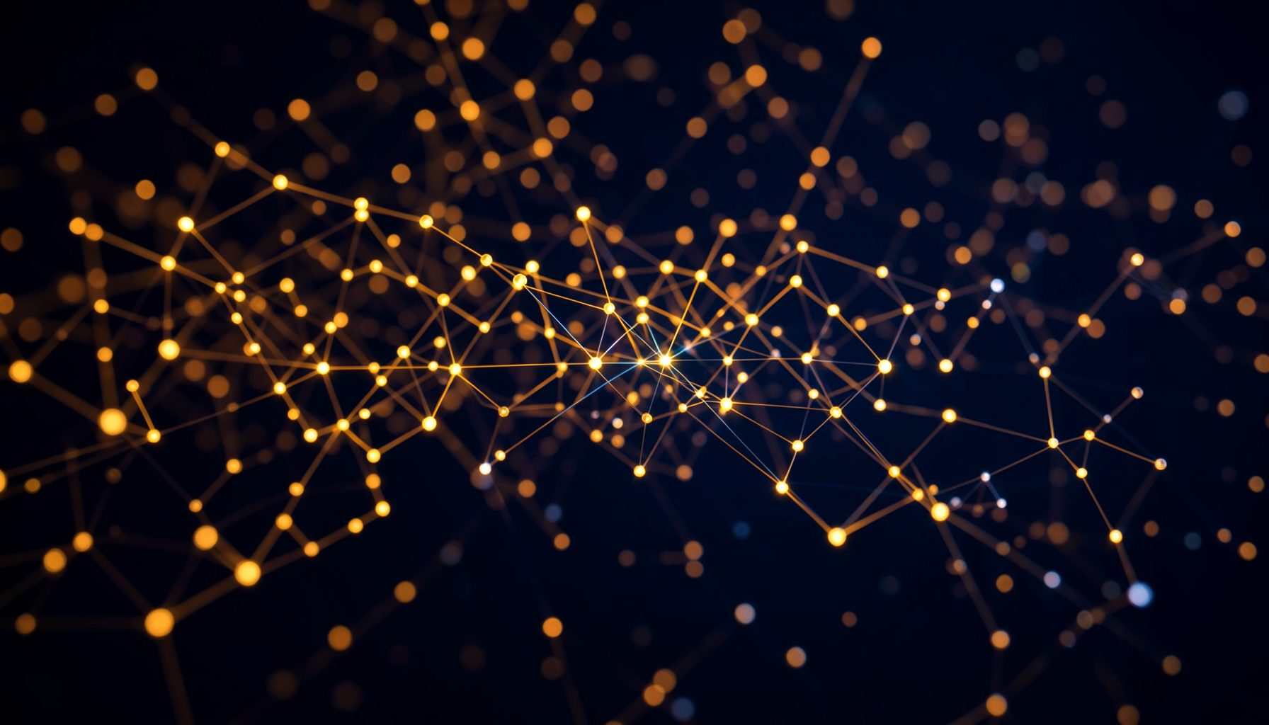 Abstract digital network nodes glowing in warm amber and deep navy tones, conveying technology and connectivity