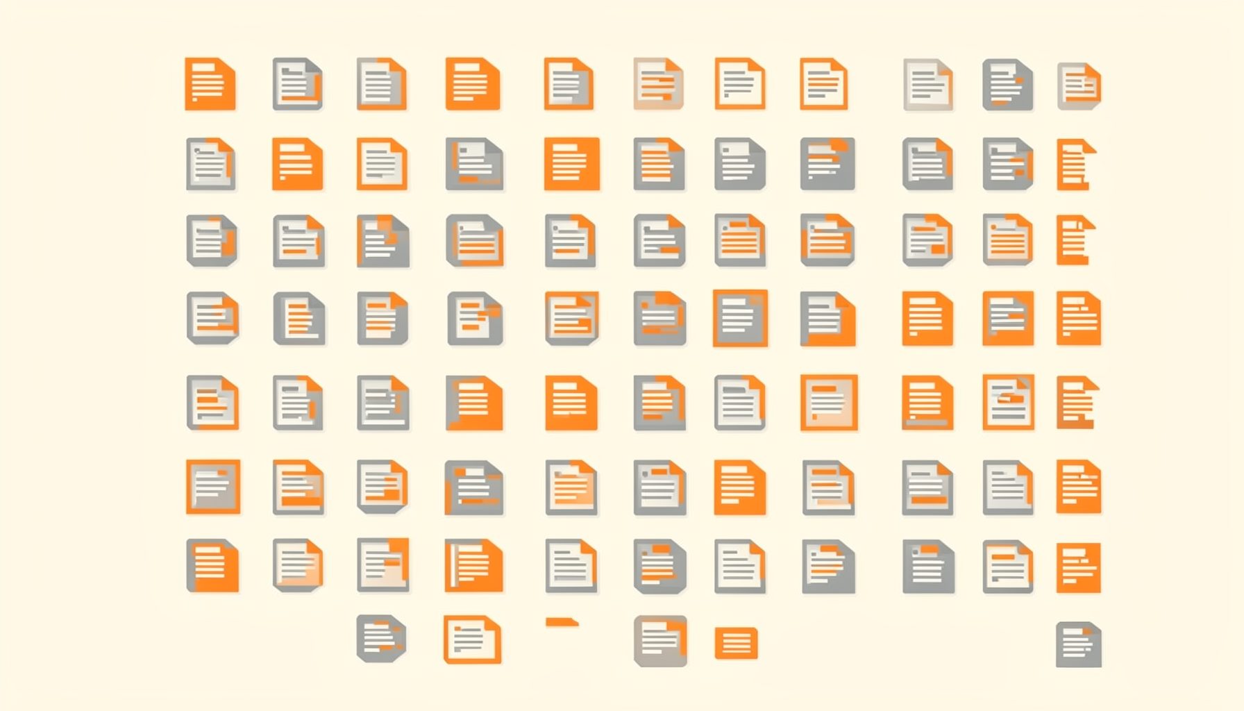 Abstract grid of document icons in muted grey and warm orange on a soft cream background, evoking structured research data