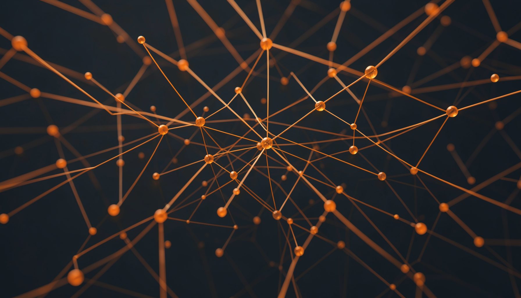 Abstract network nodes and connections in warm orange and deep charcoal tones, suggesting digital infrastructure and collaboration