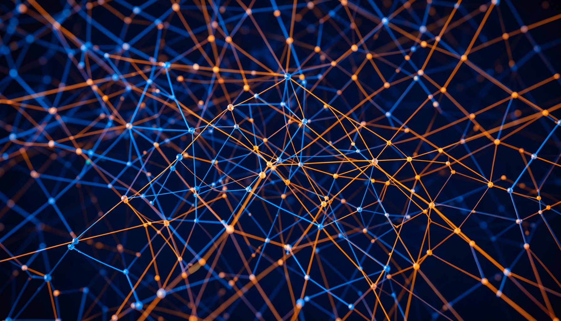 Abstract network of interconnected nodes and lines in deep blue and warm orange tones, suggesting digital infrastructure and data flow