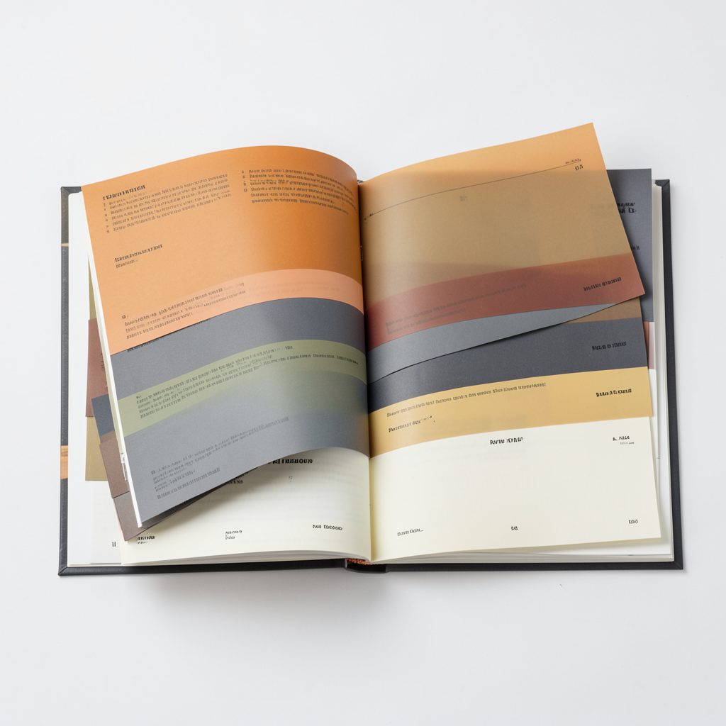 Open book with layered translucent sheets and annotated tabs in muted amber, slate grey, and cream, conveying systematic research and classification