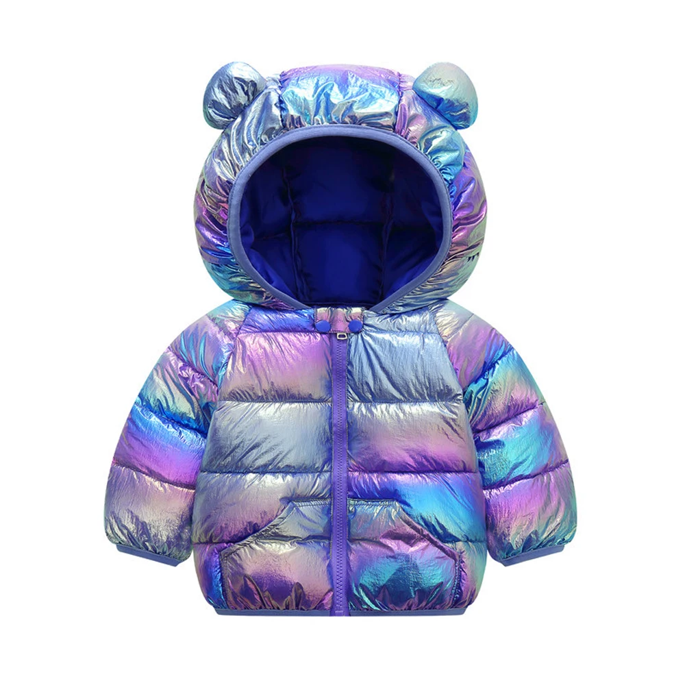 Iridescent purple and blue hooded jacket with bear ear detailing, playful mood