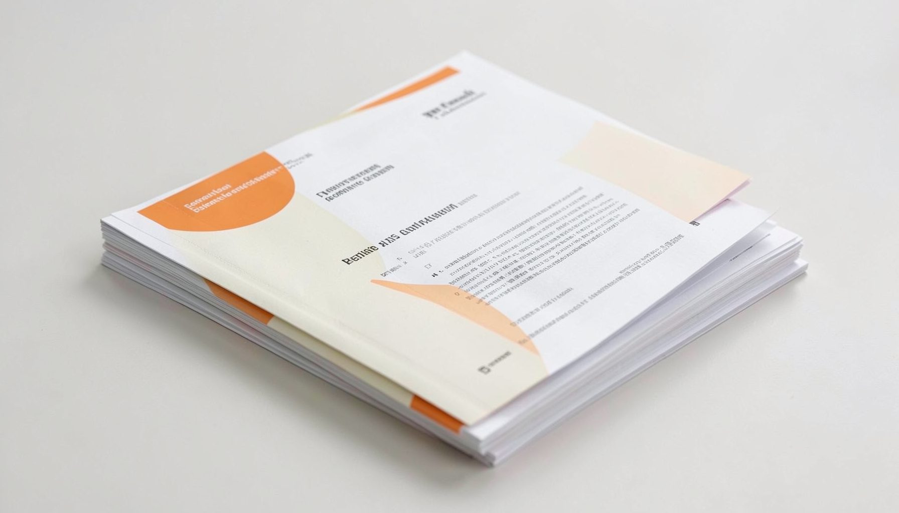 Stack of printed newsletters with subtle orange and cream accents, conveying regular research communication