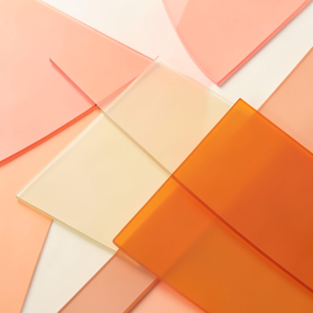Warm-toned abstract composition of layered translucent geometric shapes in peach, cream, and soft orange, suggesting collaboration and research